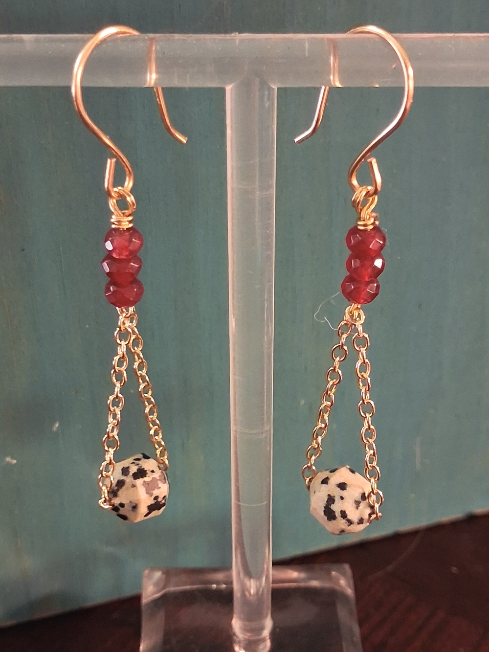 Gold Drop Earrings with Red Beads and Dalmatian Jasper Accent
